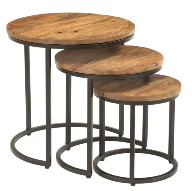 Otis Set of 3 Metal & Natural Wood Nest Side Tables