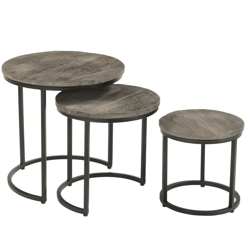 Alma Set of 3 Metal & Grey Wood Nest Side Tables