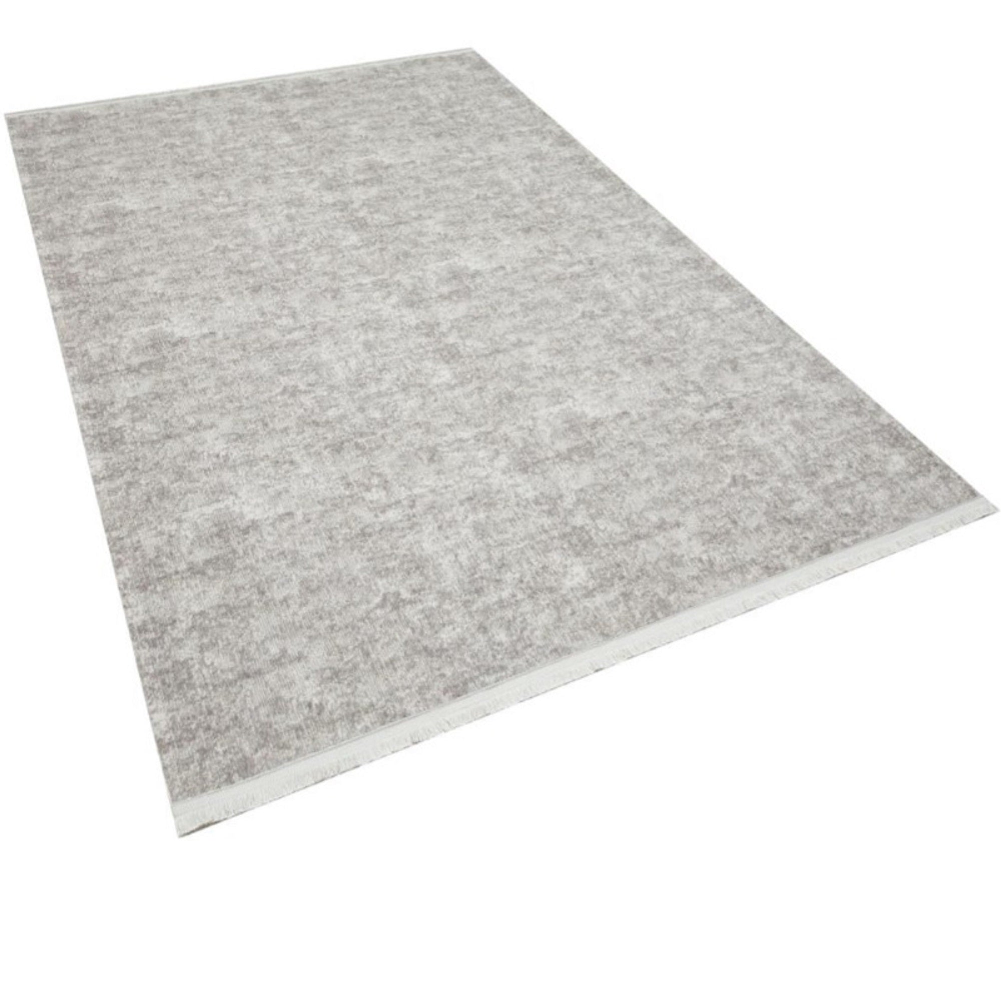 Solid Cream Grey Fringed Rug