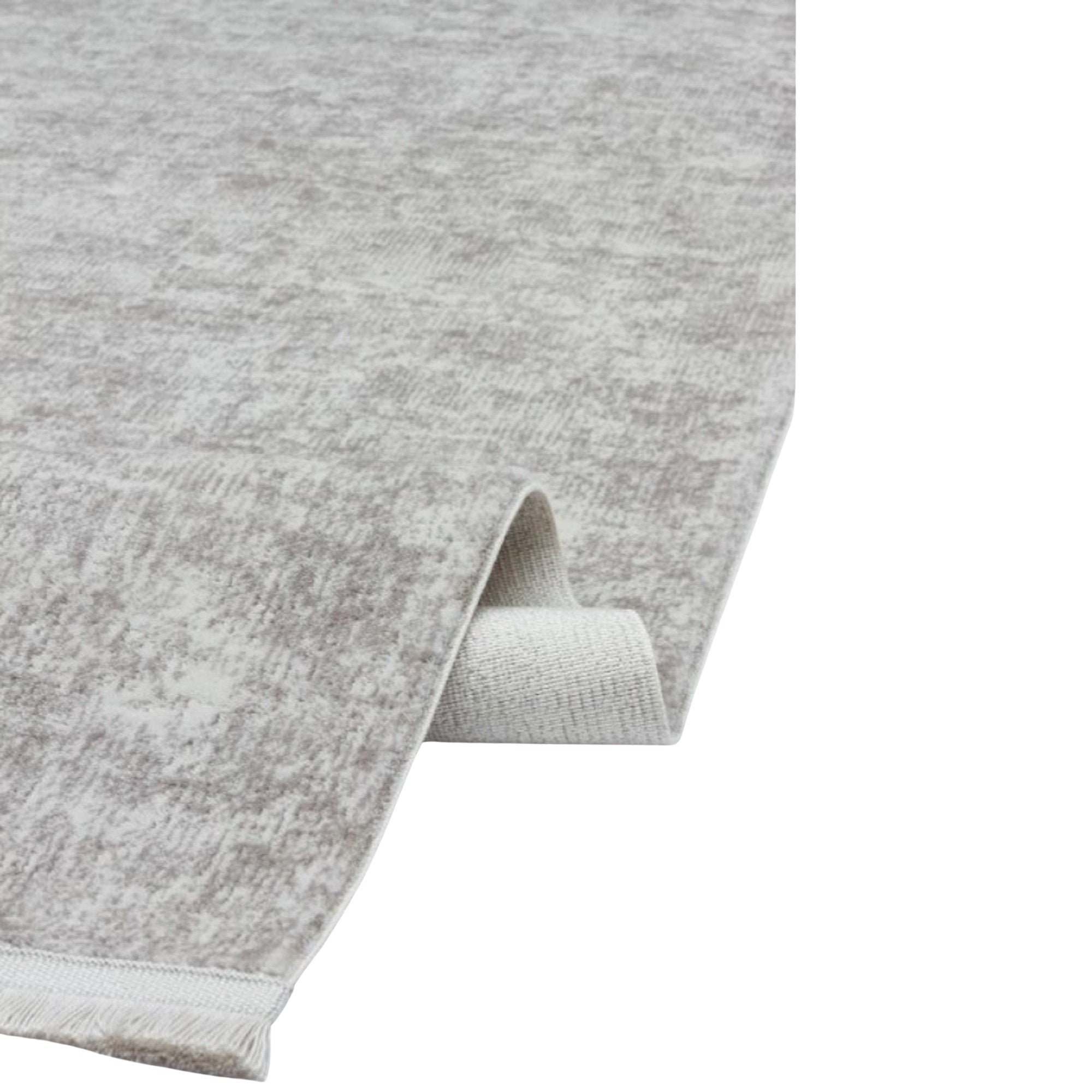 Solid Cream Grey Fringed Rug