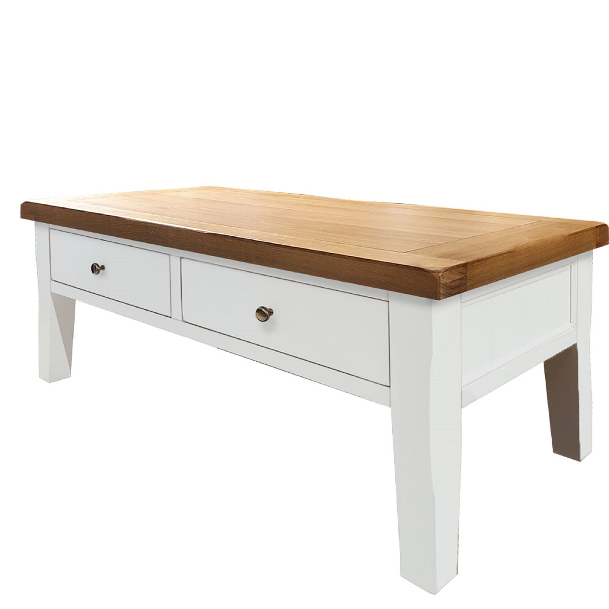 white coffee table with two drawers and oak top