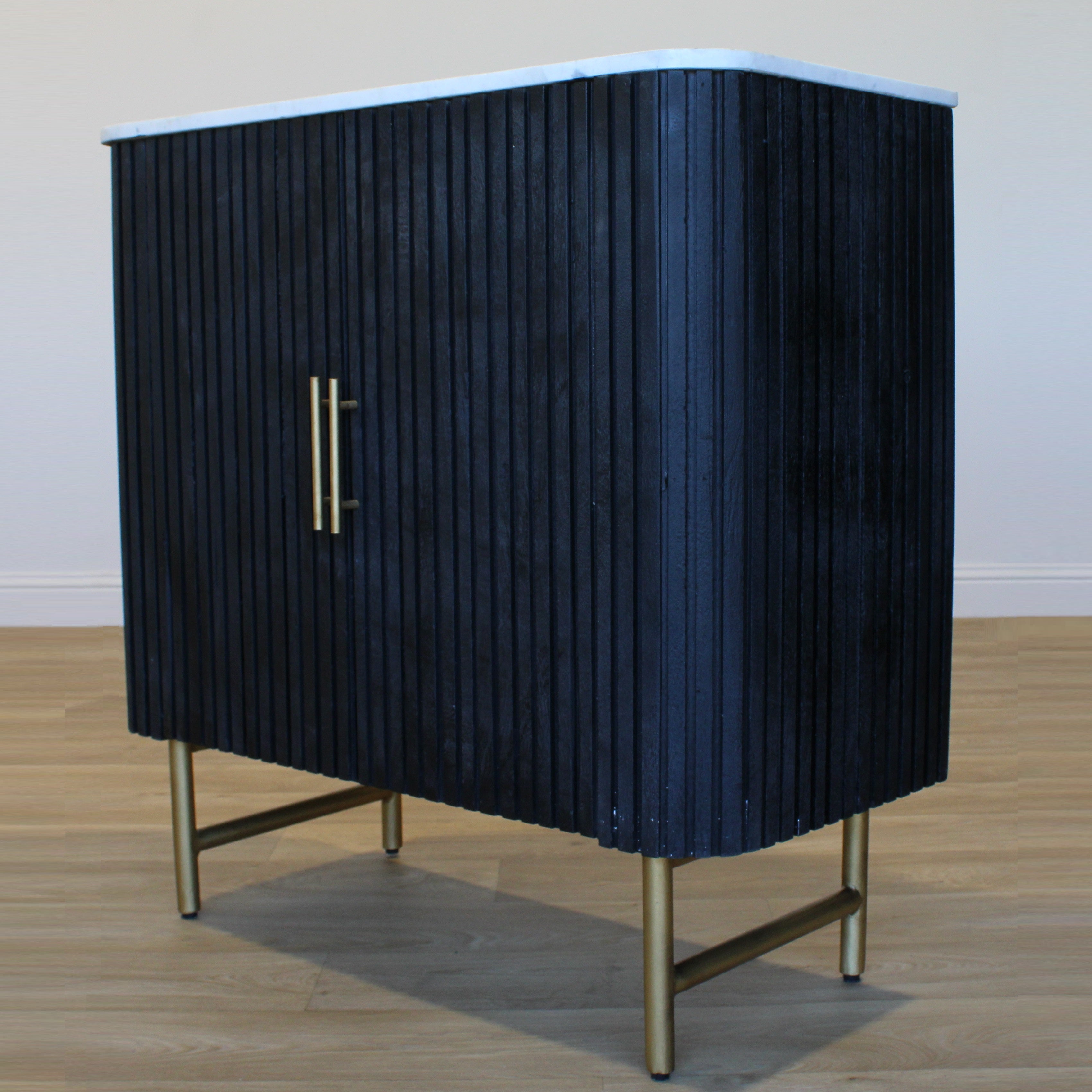 SYD Black Reeded Small Sideboard White Marble Top