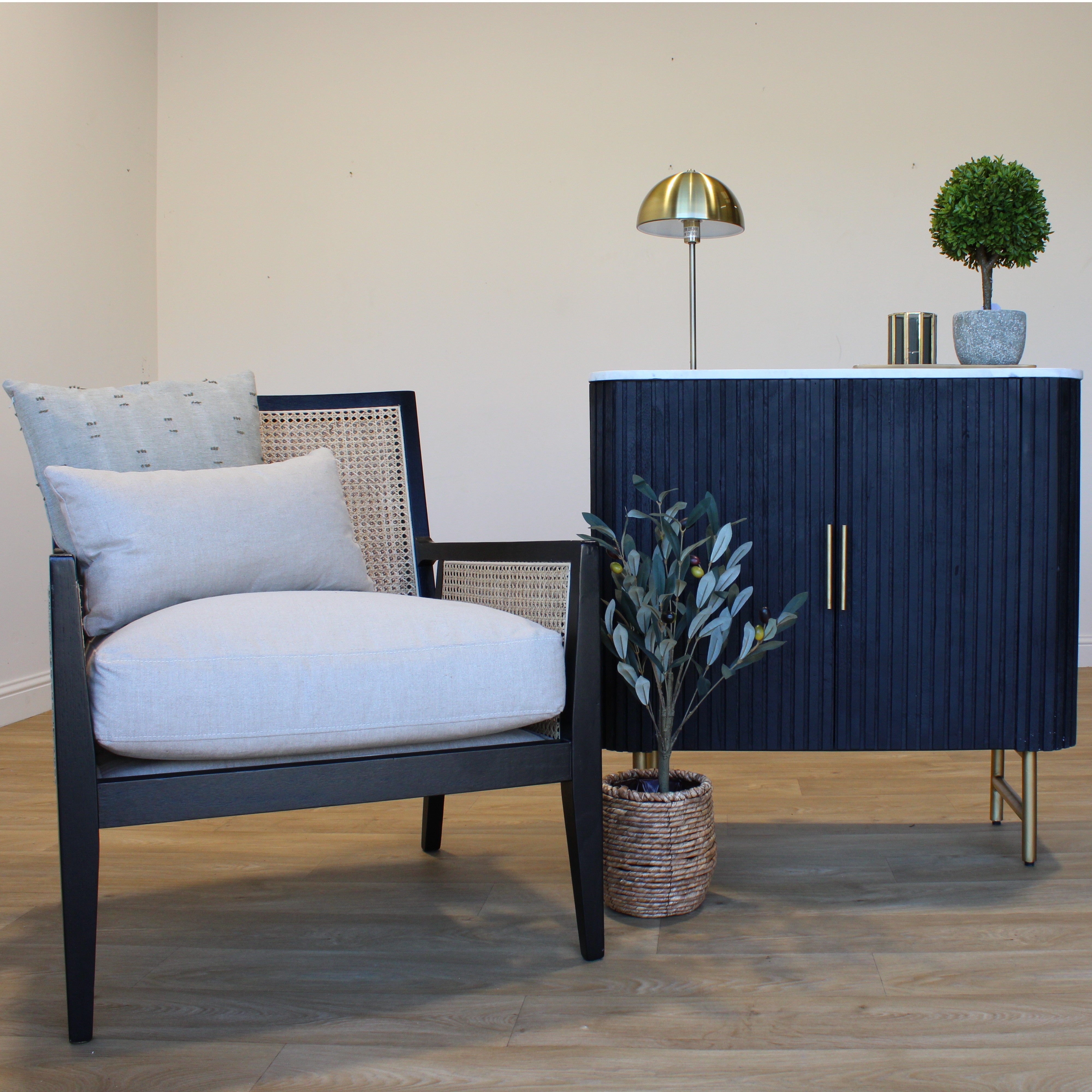 SYD Black Reeded Small Sideboard White Marble Top