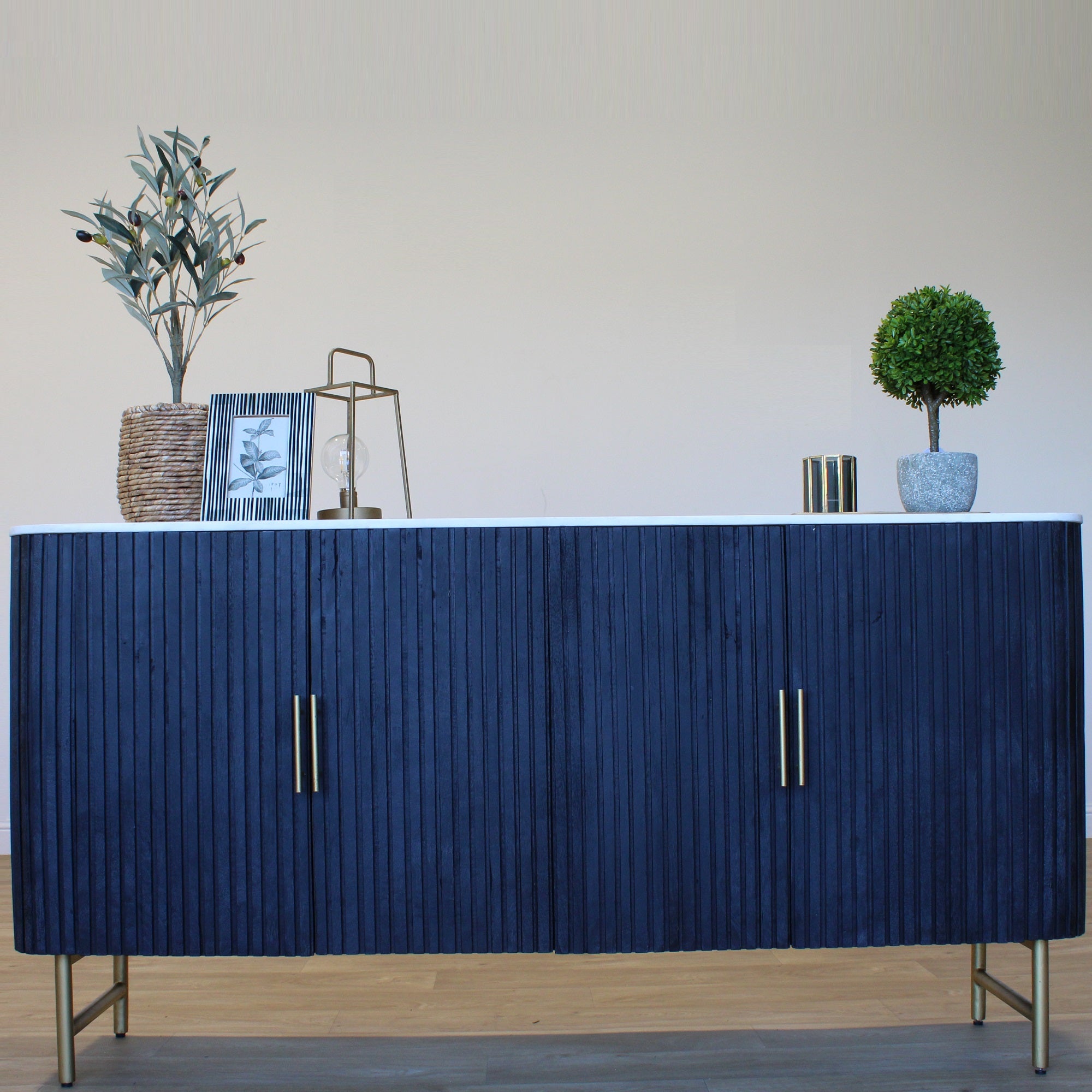 SYD Black Reeded Wide Sideboard White Marble Top