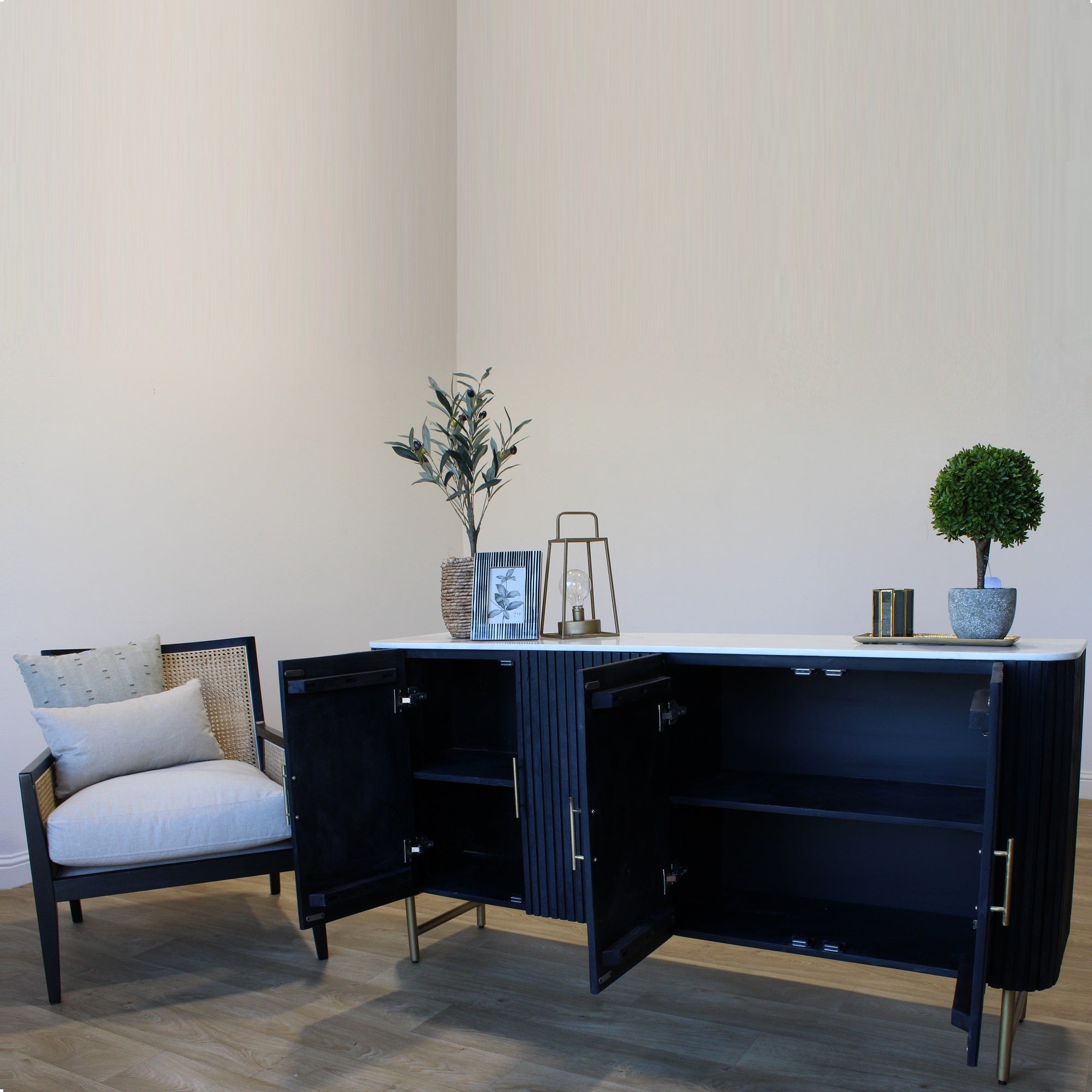 SYD Black Reeded Wide Sideboard White Marble Top