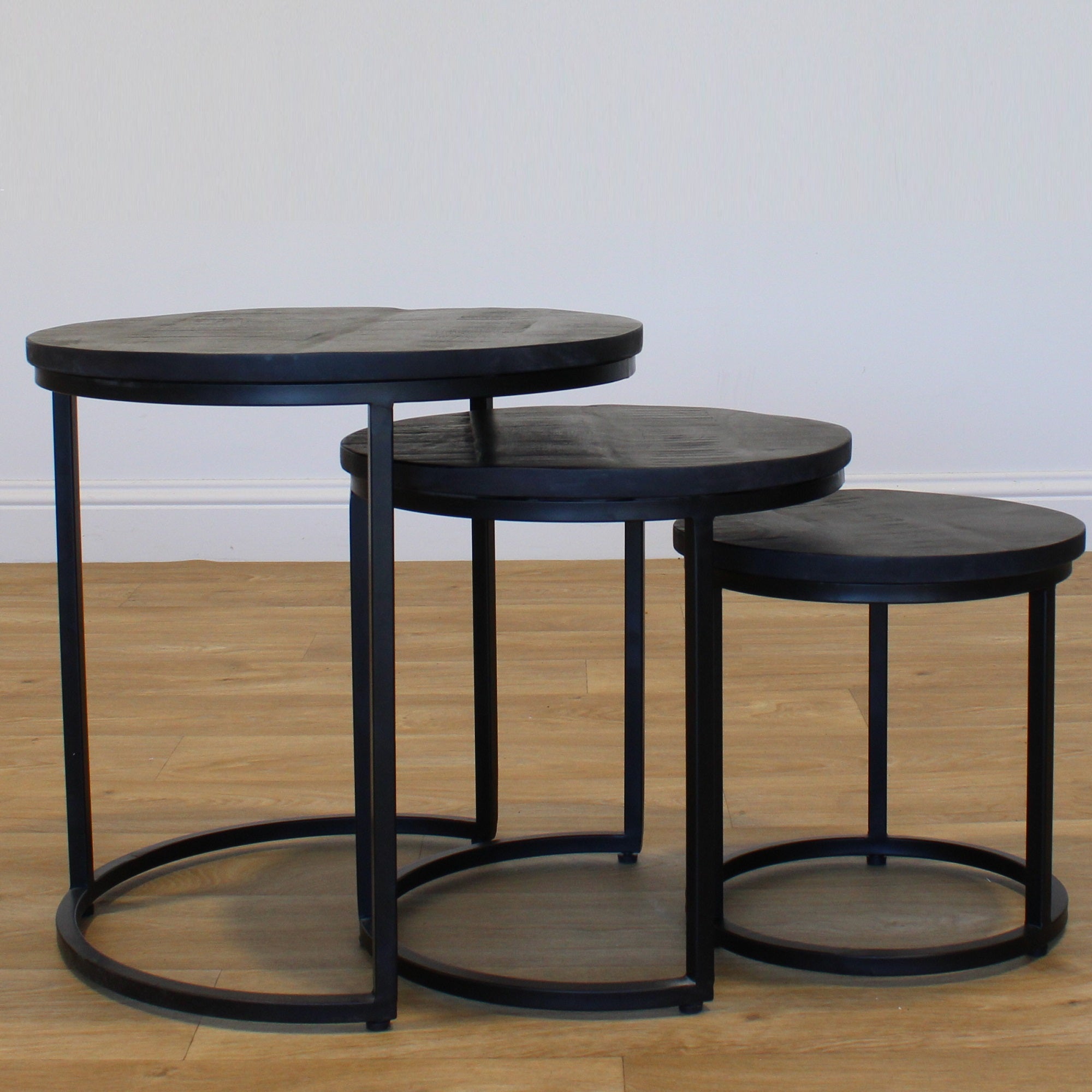 Xena Set of 3 Metal & Black Wood Nest of Tables