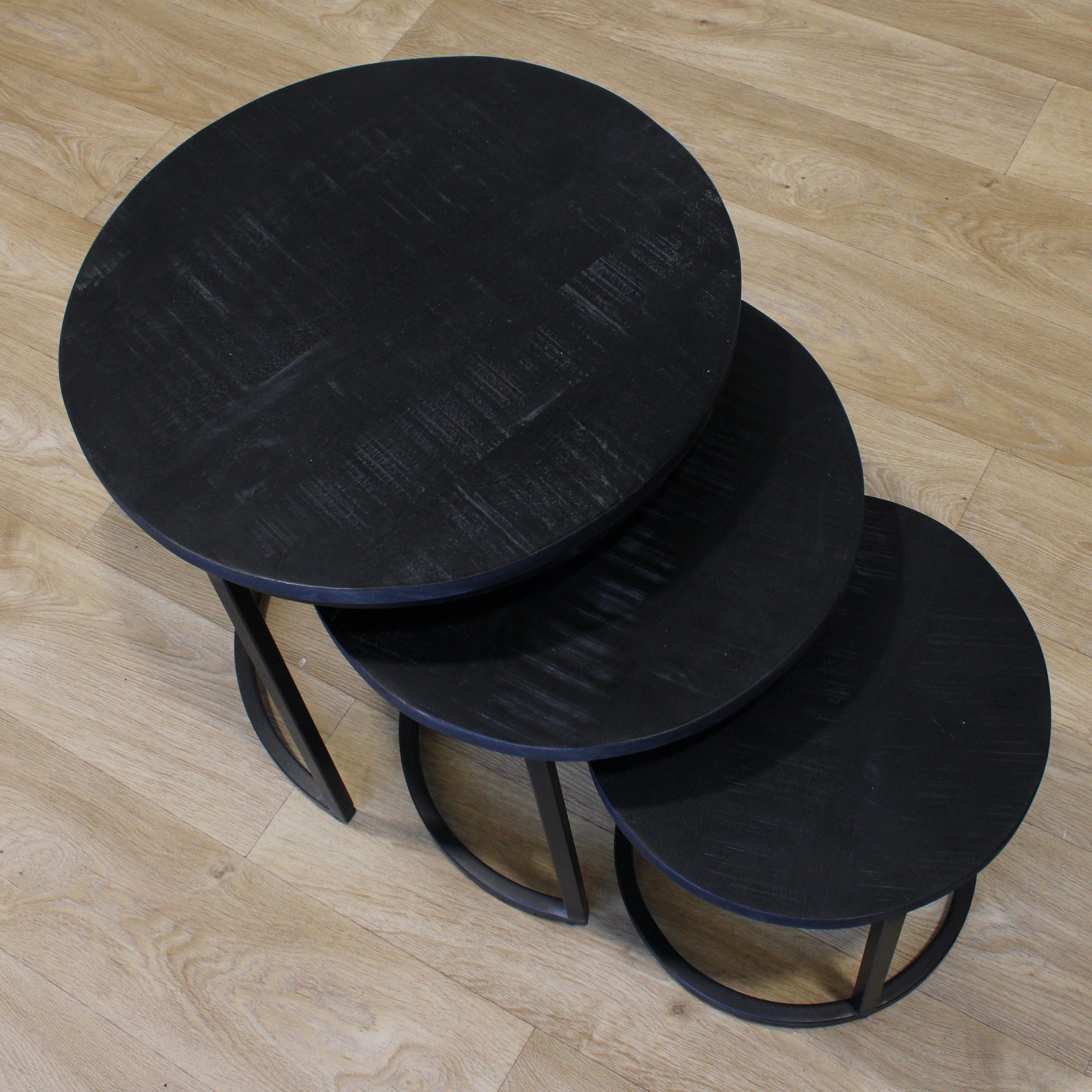 Xena Set of 3 Metal & Black Wood Nest of Tables
