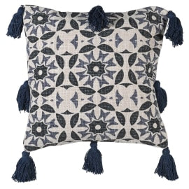 Navy Tassel Cushion Cream Blue