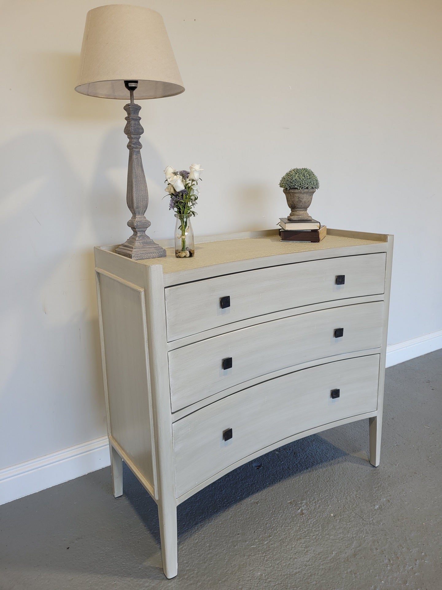 Gustavian Grey 3 Drawer Chest Rattan Top