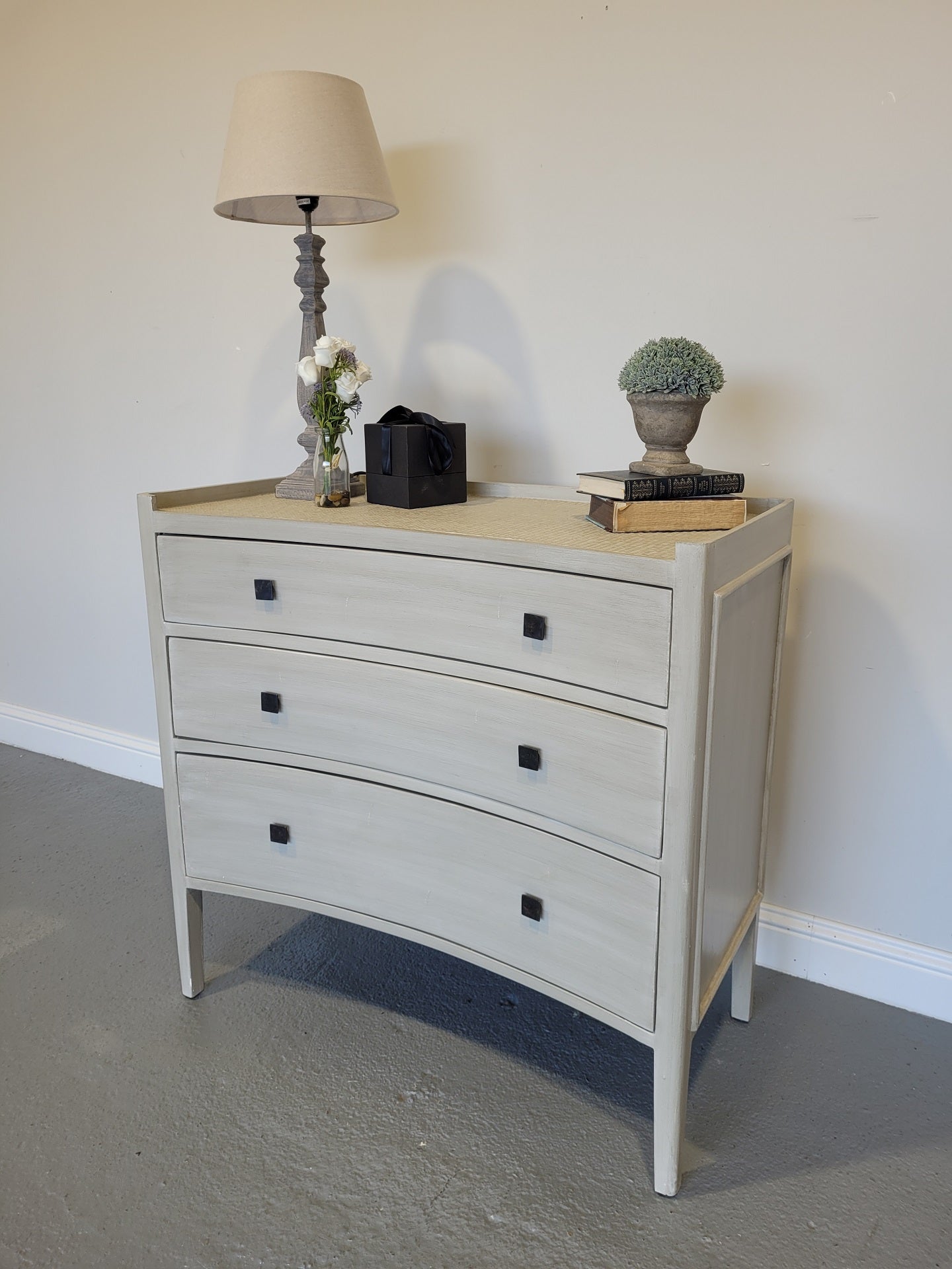 Gustavian Grey 3 Drawer Chest Rattan Top