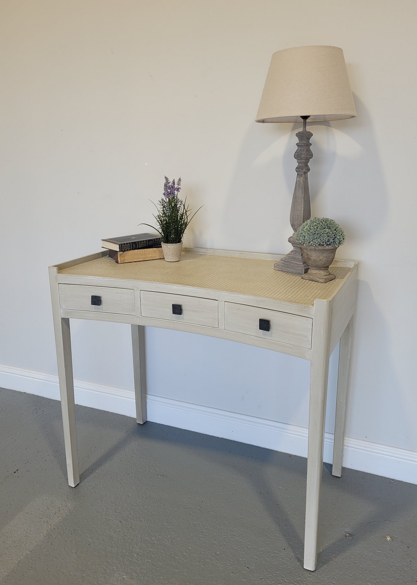 Gustavian Grey Desk Dressing Table Rattan Top