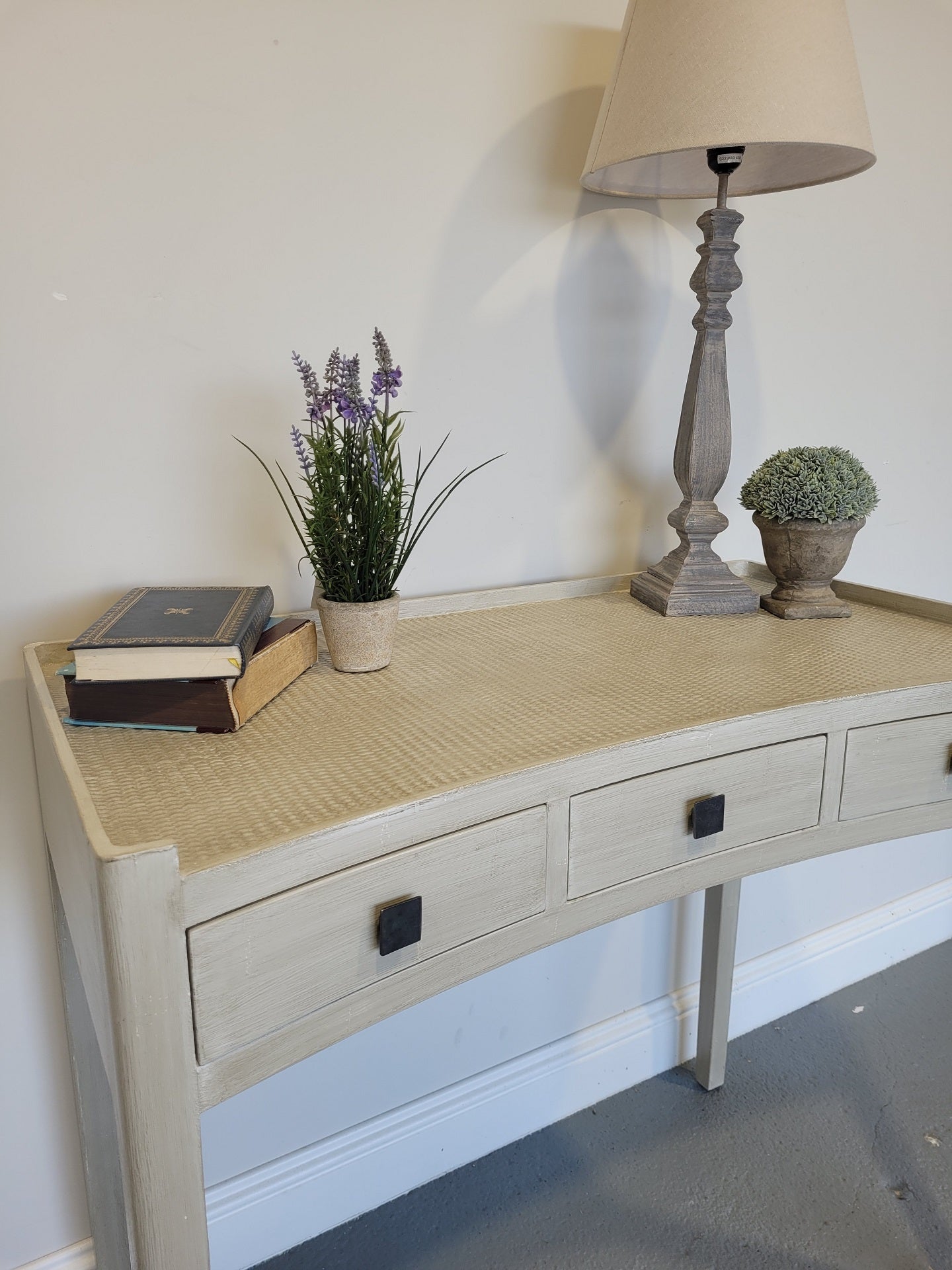 Gustavian Grey Desk Dressing Table Rattan Top