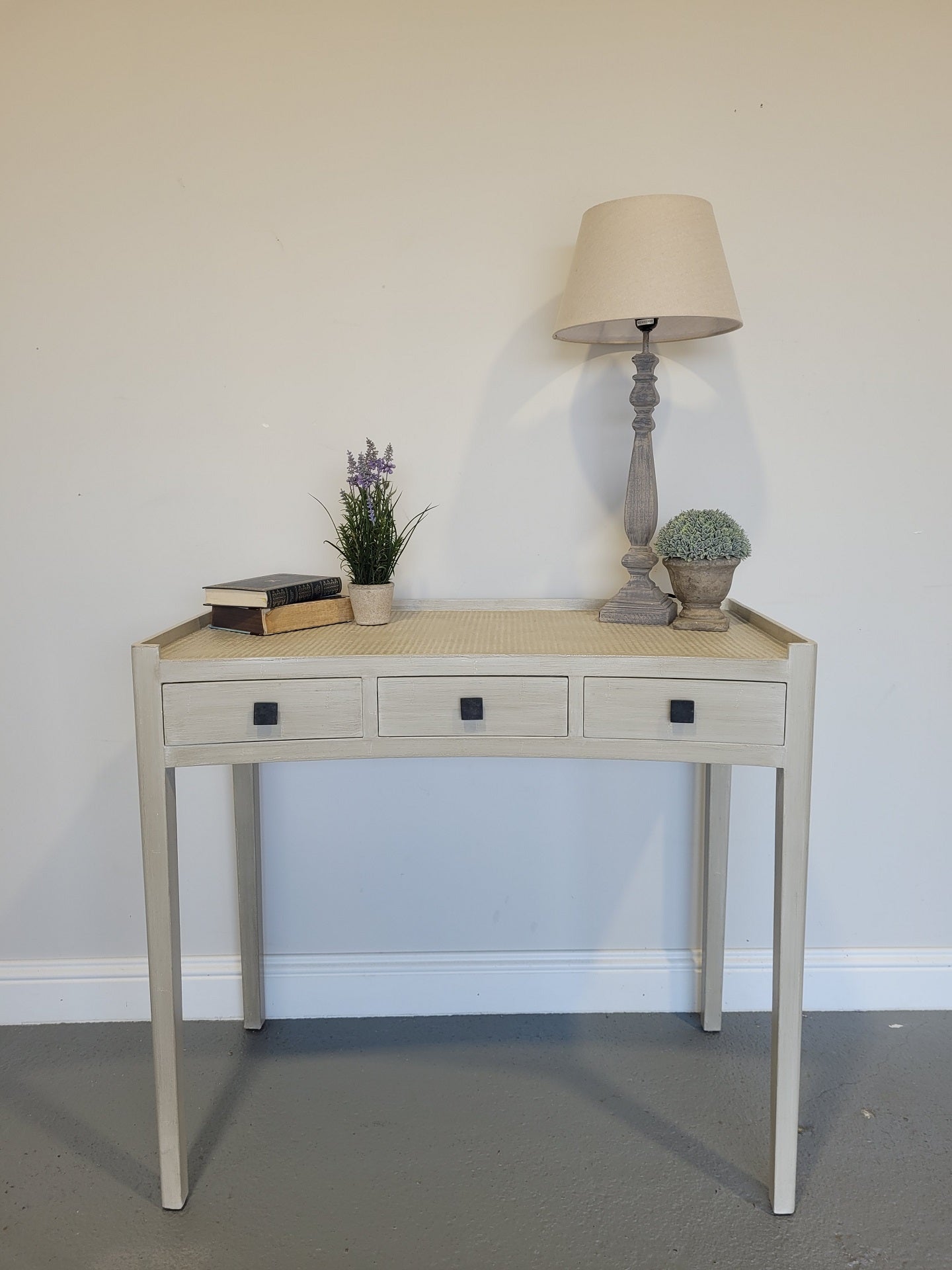 Gustavian Grey Desk Dressing Table Rattan Top