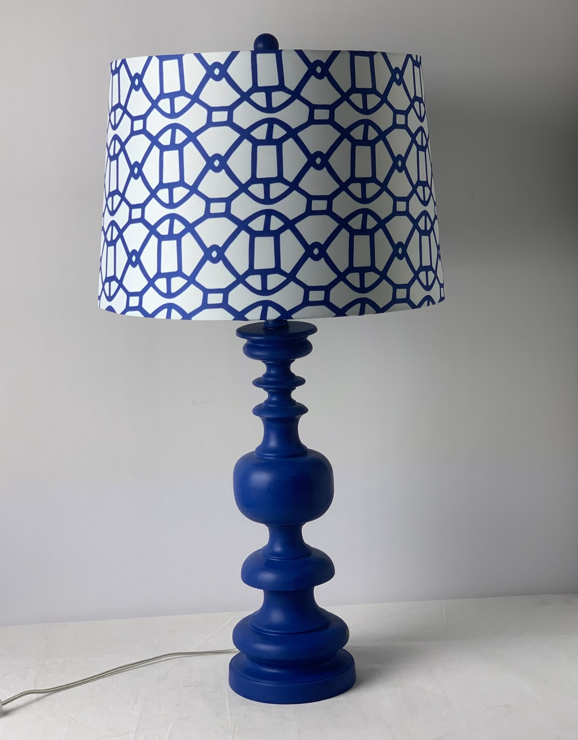 Lottie Blue Table Lamp with Blue White Pattern Shade