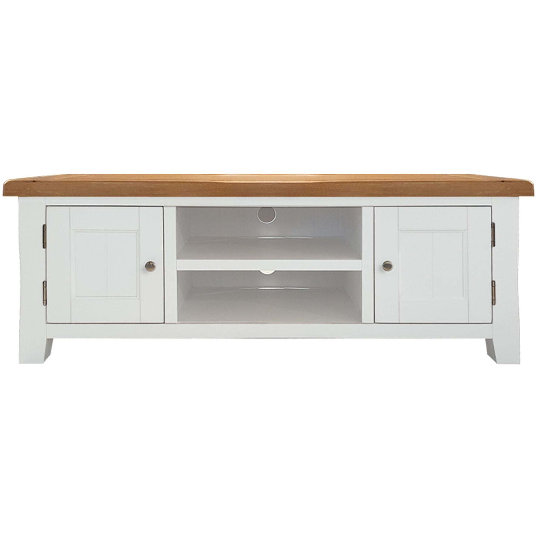 white tv unit with oak top