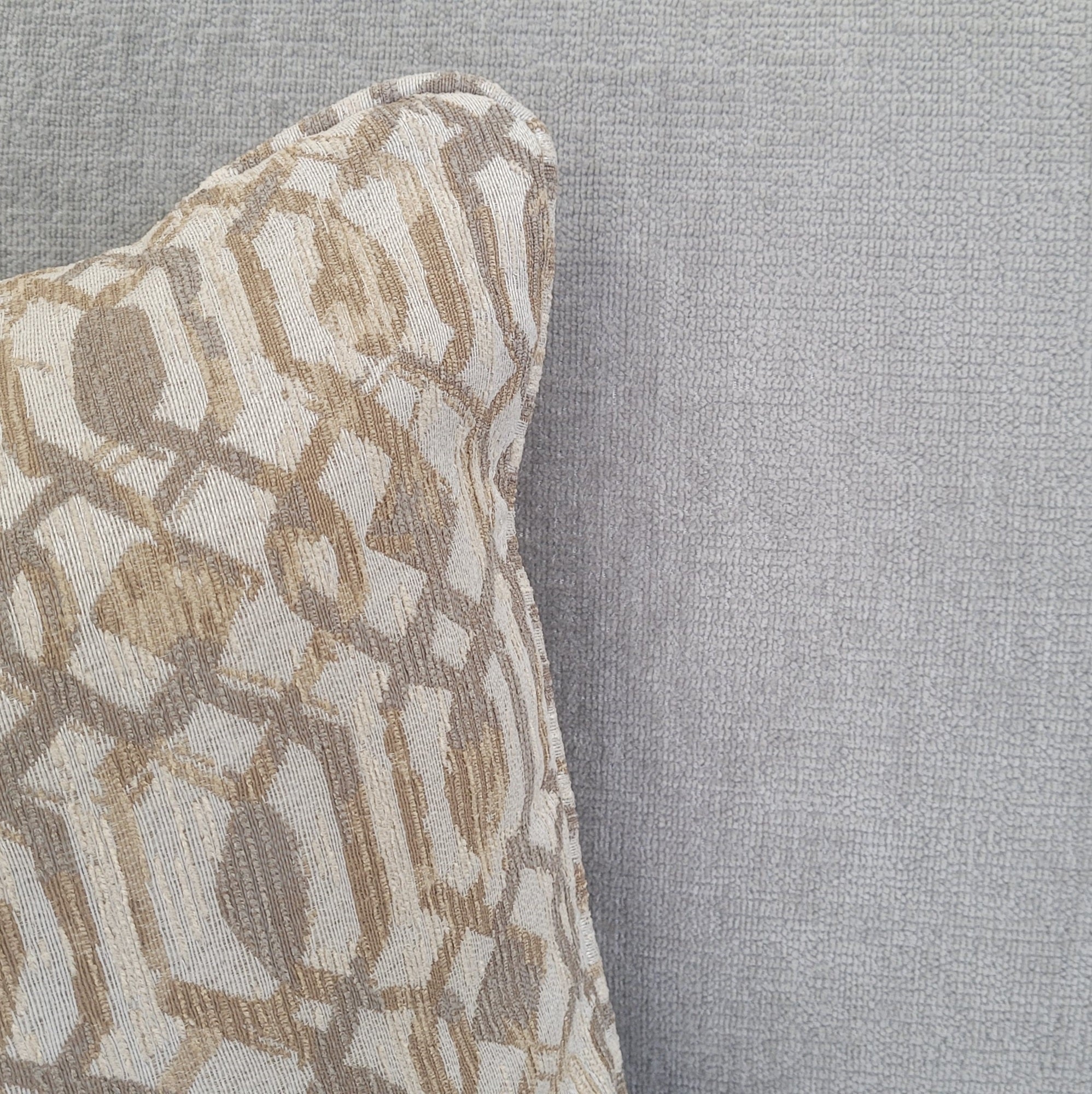New Light Grey Fabric Colourway with cream and taupe trellis patterned cushion