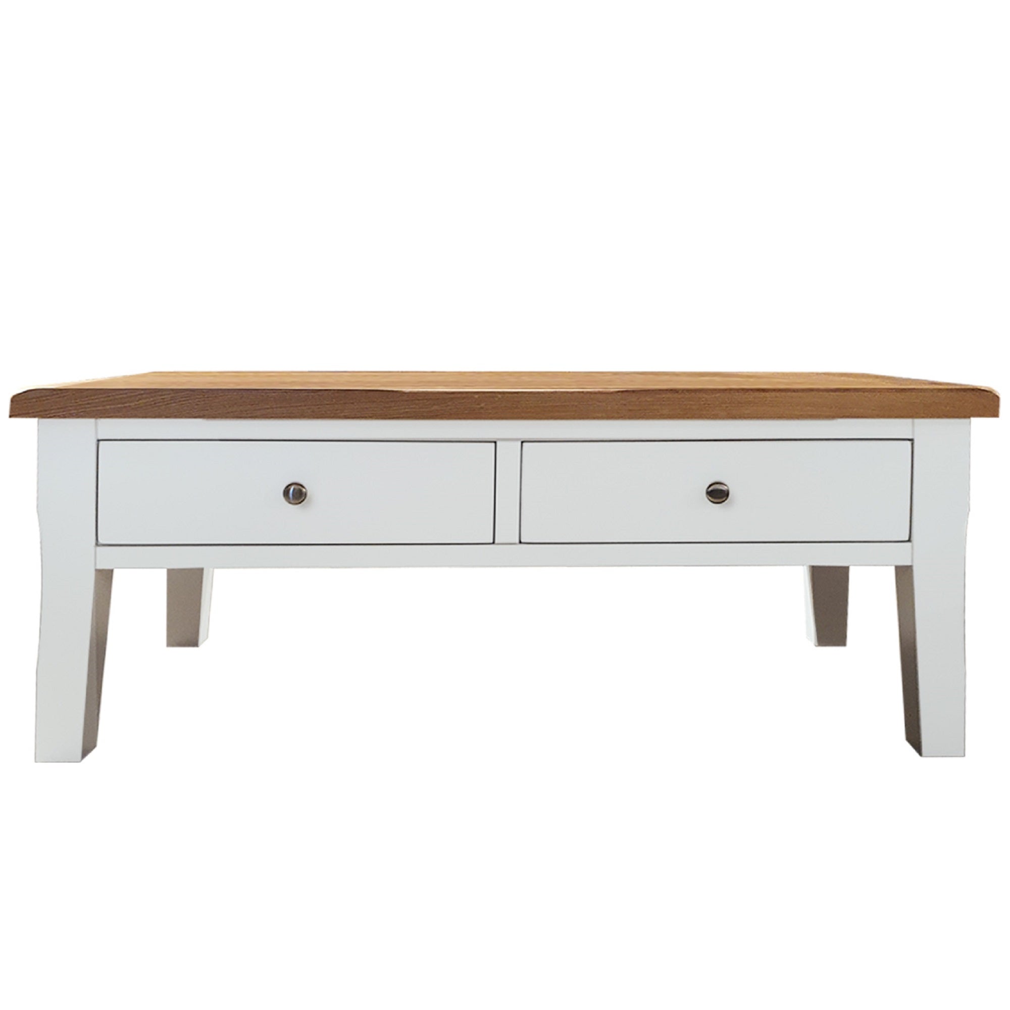 white coffee table with two drawers and oak top