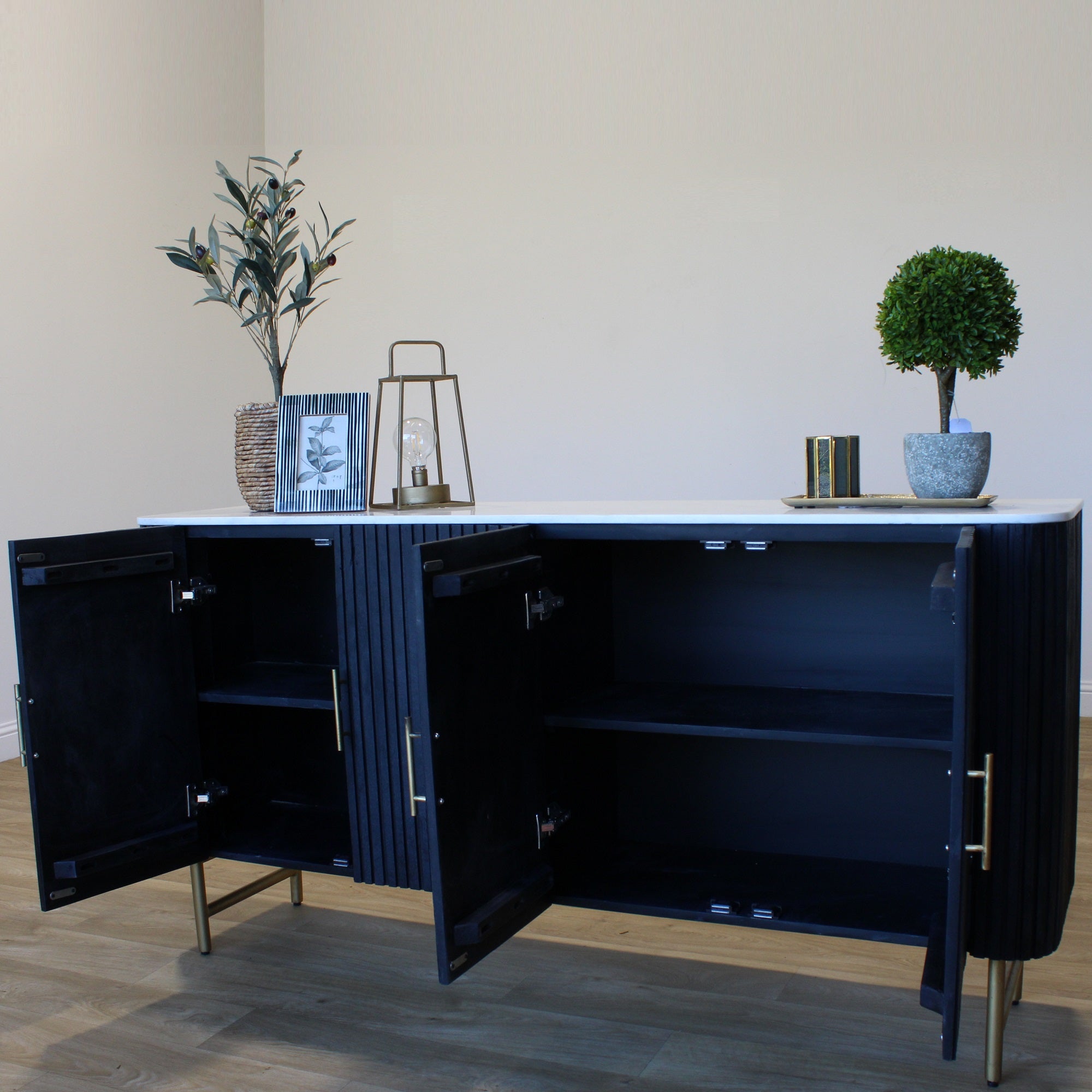 SYD Black Reeded Wide Sideboard White Marble Top