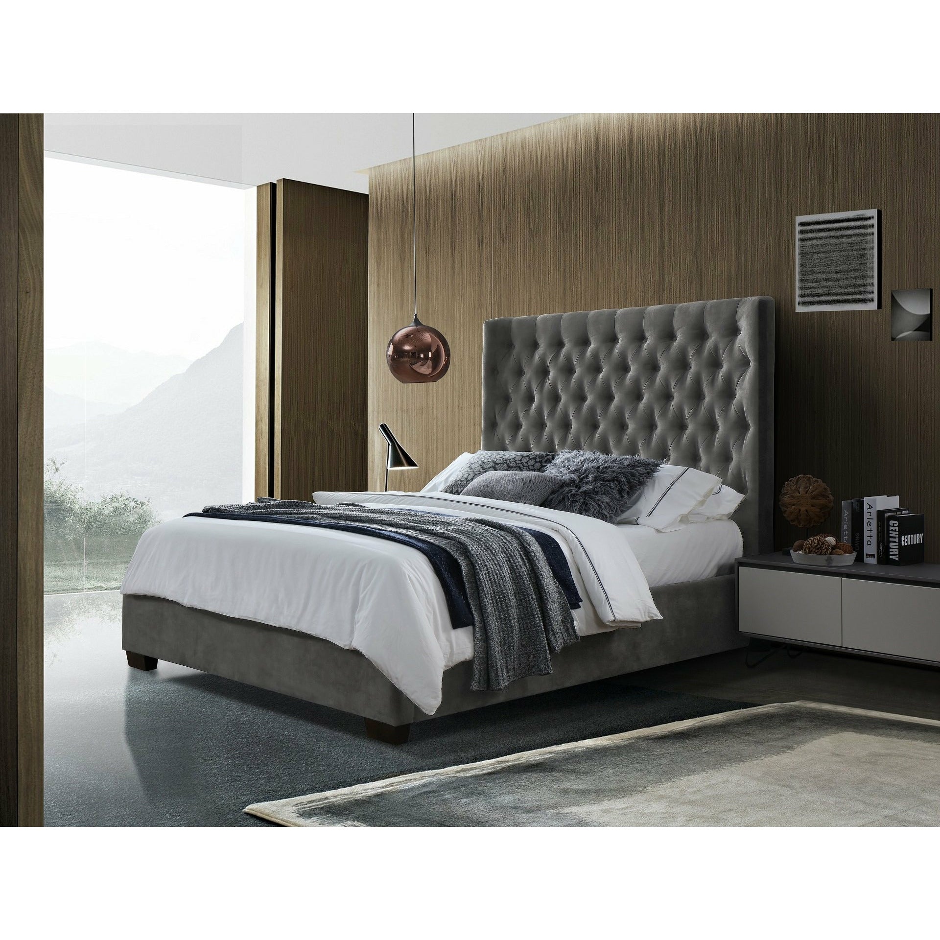 Augustin Upholstered Grey Bed Frame | soft grey velvet fabric | sleigh bed