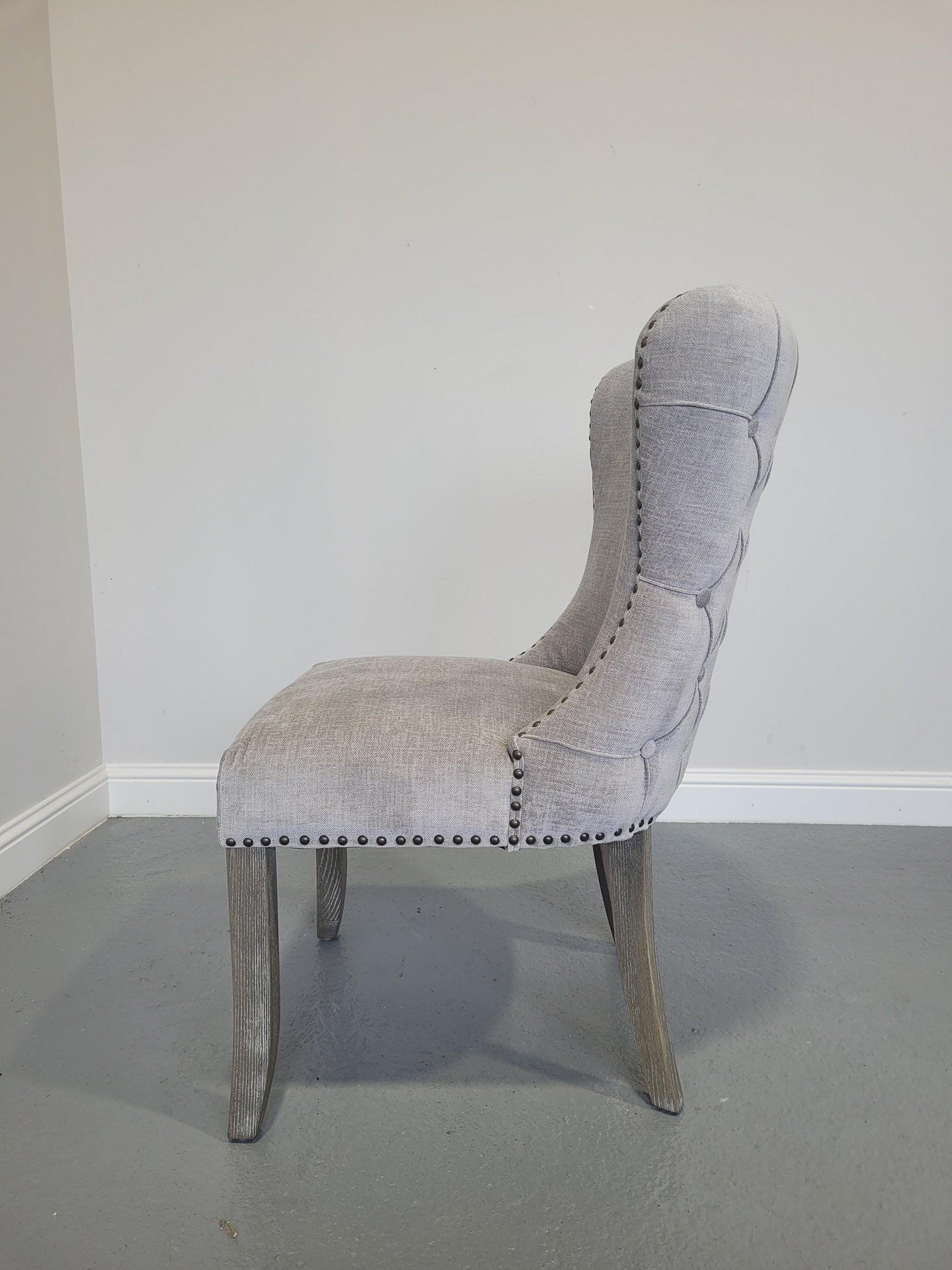 Amelia Fabric Dining Chair Greige with Brass Studs