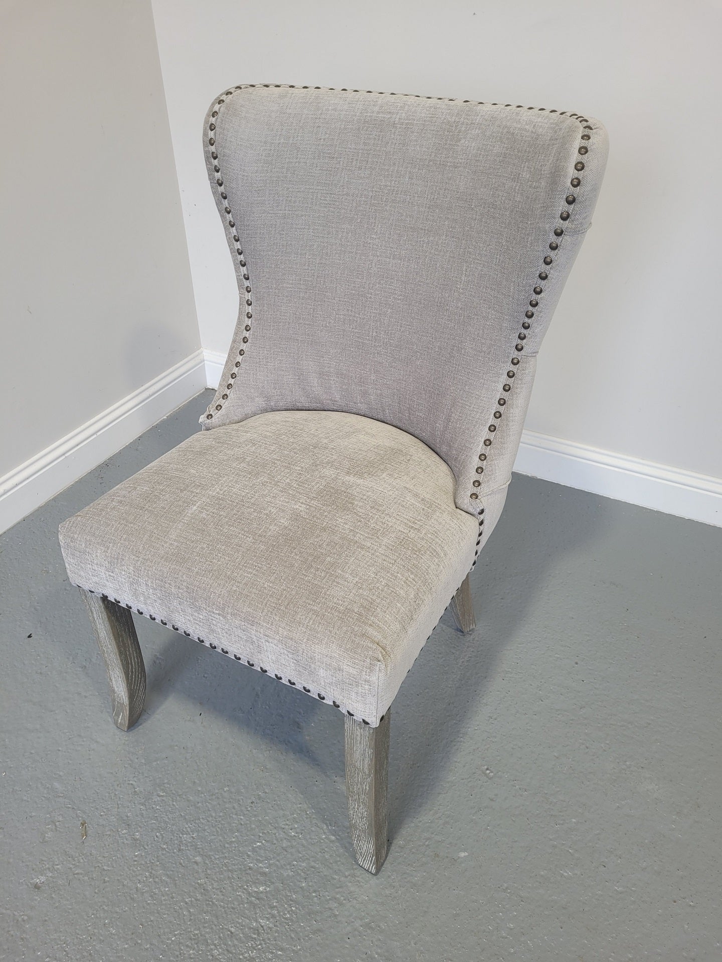 Amelia Fabric Dining Chair Greige with Brass Studs