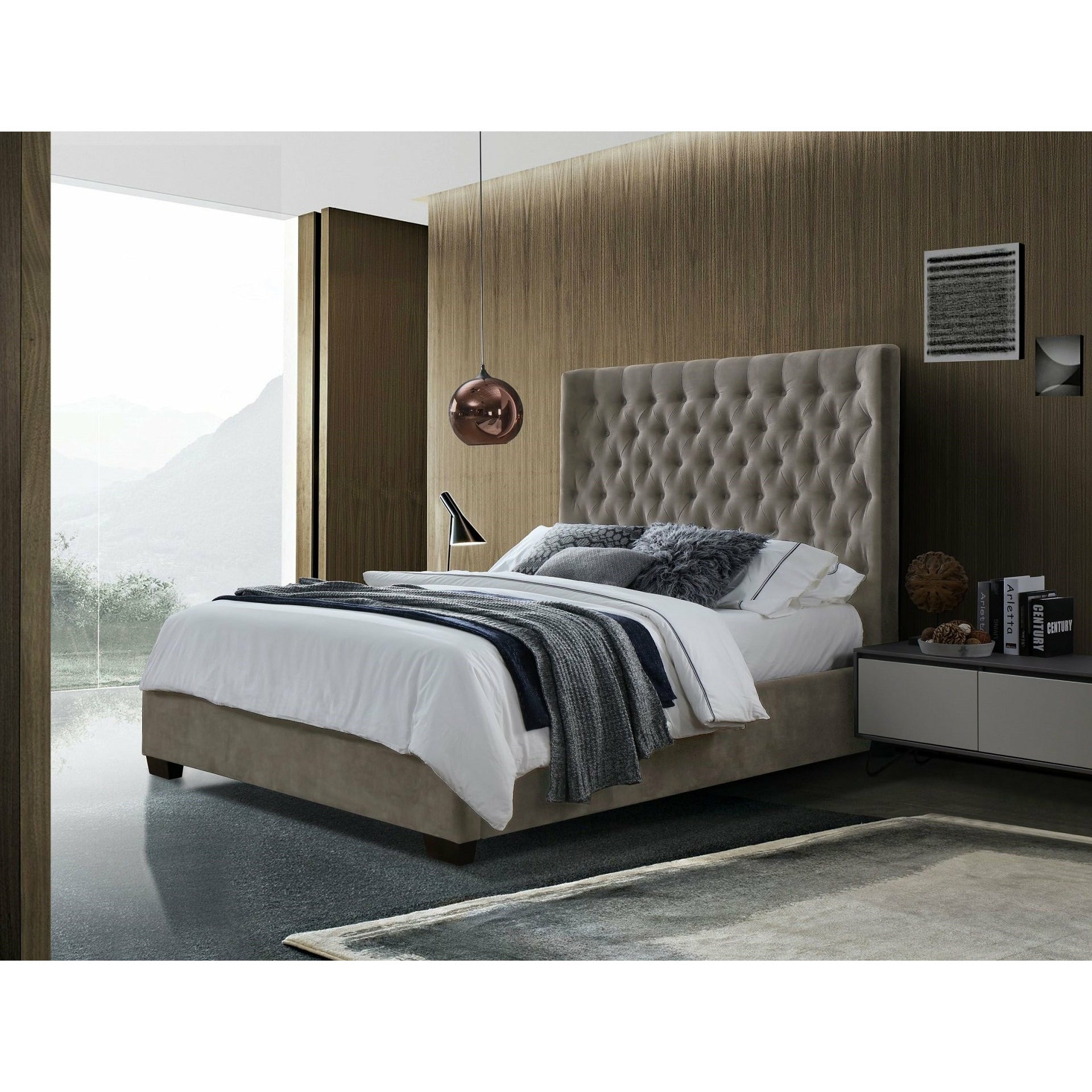 Augustin Upholstered Bed Frame - Taupe | soft taupe velvet fabric bedframe | sleigh bed | curved headboard