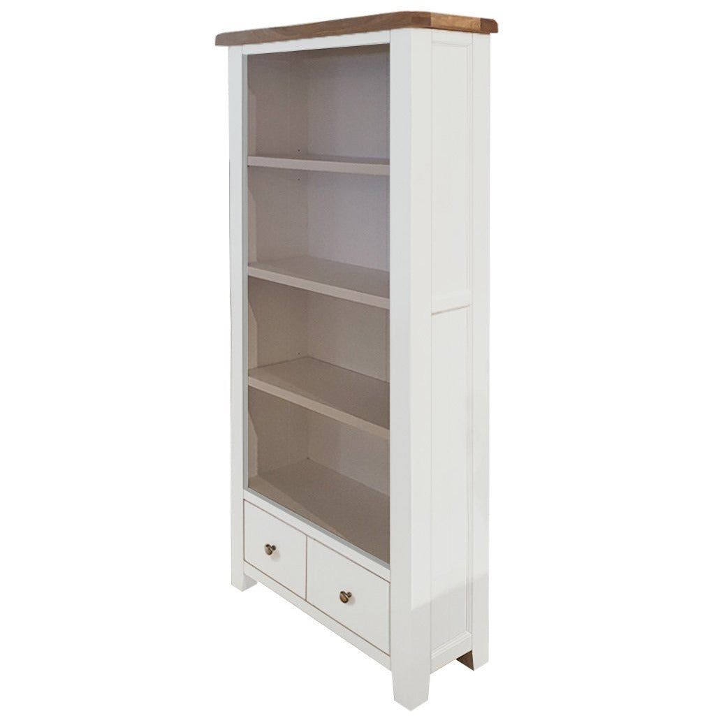 white bookcase with 4 shelves and 2 drawers